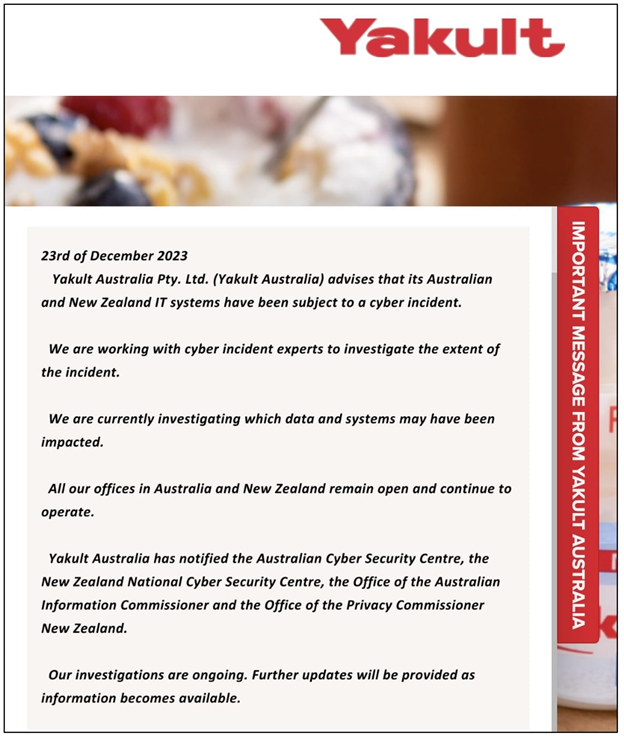 Yakult Australia and New Zealand Divisions Affected by the Yakult Cyber Incident 
