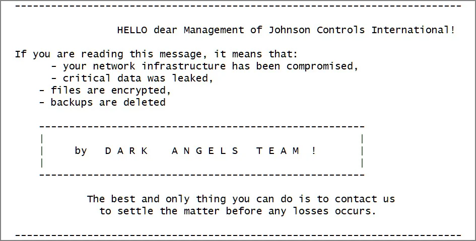 Dark Angels Group was Behind Johnson Controls Ransomware Attack 