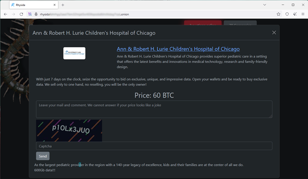 Rhysida Ransomware Claims the Lurie Children's Hospital Cyberattack, Demands $3.6 Million for Stolen Data