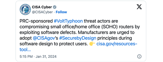 CISA Advises Vendors to Secure SOHO Routers Against Volt Typhoon Attacks