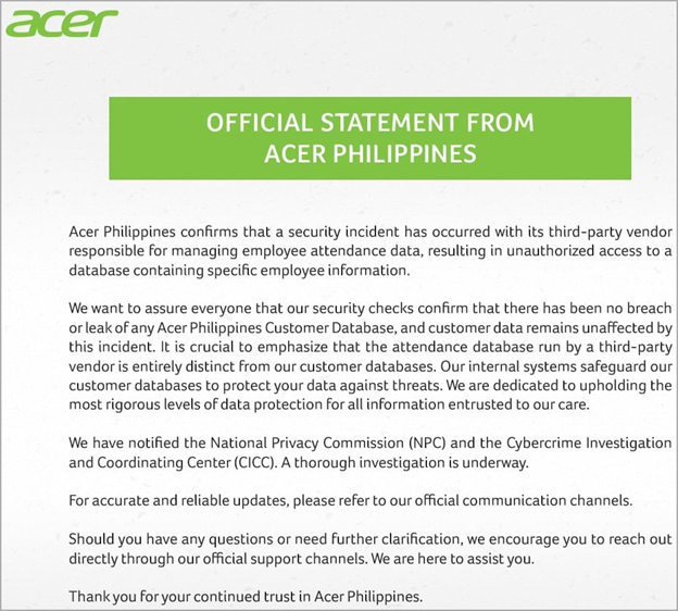 Acer Data Breached: Acer Philippines Employee Data Leaked on a Hacking Forum