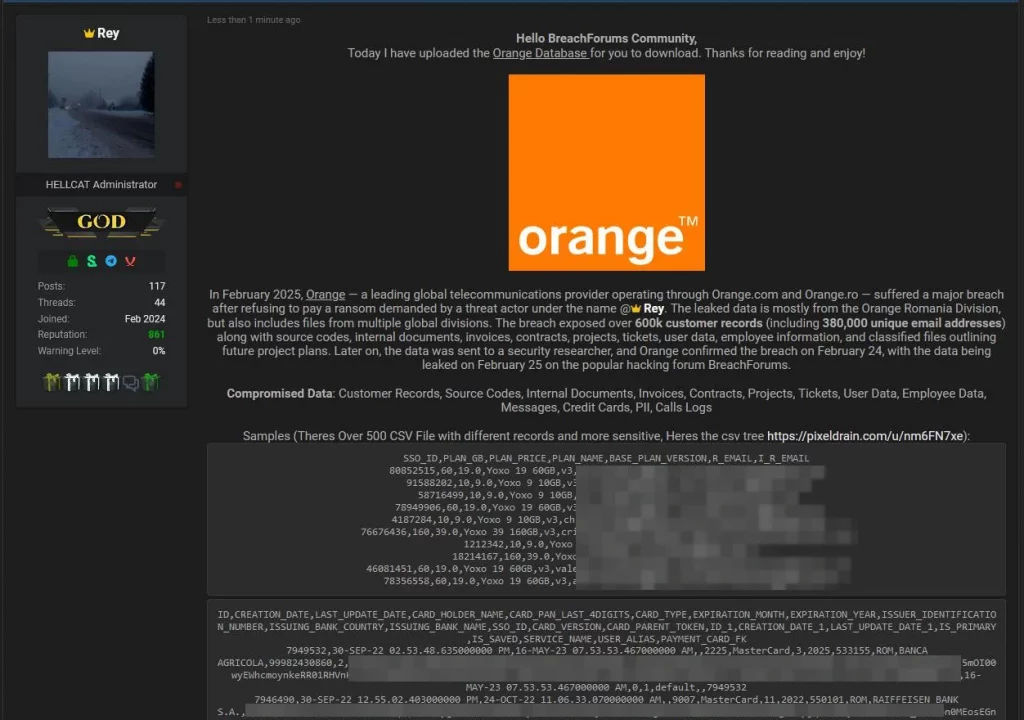 Orange data leak posted on a hacker forum 