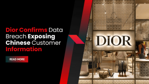 A digital graphic displays a news headline about Dior confirming a data breach exposing one million Hong Kong customers' information, with a red and black color scheme and the Dior storefront in the background.